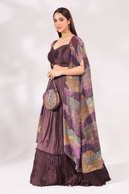Chaashni By Maansi And Ketan_Purple Chiffon, Crepe Cut Work, Sequins, Beads Printed Shrug Pleated Skirt Set_at_Aza_Fashions