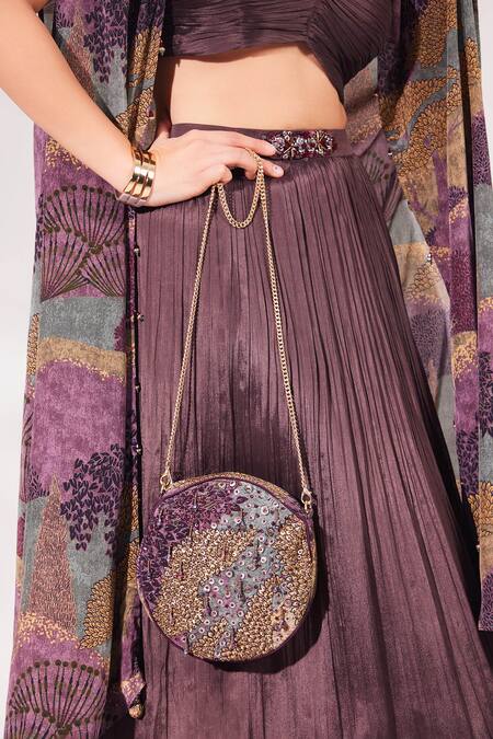 Buy_Chaashni By Maansi And Ketan_Purple Chiffon, Crepe Cut Work, Sequins, Beads Printed Shrug Pleated Skirt Set