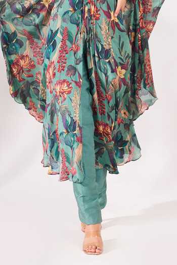 Buy_Chaashni By Maansi And Ketan_Green Tussar, Chiffon Cut Work, Sequins, Beads Bloom Print Kaftan And Pant Set _Online_at_Aza_Fashions