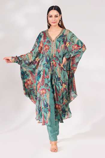 Shop_Chaashni By Maansi And Ketan_Green Tussar, Chiffon Cut Work, Sequins, Beads Bloom Print Kaftan And Pant Set _Online_at_Aza_Fashions