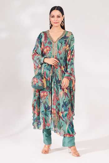 Chaashni By Maansi And Ketan_Green Tussar, Chiffon Cut Work, Sequins, Beads Bloom Print Kaftan And Pant Set _at_Aza_Fashions