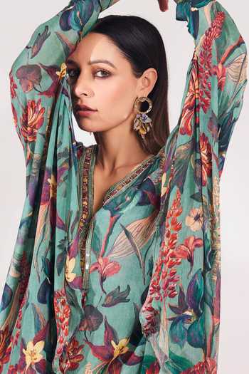 Buy_Chaashni By Maansi And Ketan_Green Tussar, Chiffon Cut Work, Sequins, Beads Bloom Print Kaftan And Pant Set 