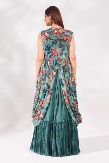 Chaashni By Maansi And Ketan Green Chiffon Mirrors, Sequins, Beads, Embroidery Lotus Print Shrug Skirt Set Online at Aza Fashions Chaashni By Maansi And Ketan_Green Chiffon Mirrors, Sequins, Beads, Embroidery Lotus Print Shrug Skirt Set _Online_at_Aza_Fashions