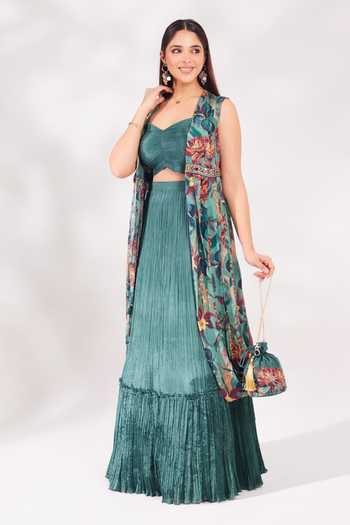 Buy Chaashni By Maansi And Ketan Green Chiffon Mirrors, Sequins, Beads, Embroidery Lotus Print Shrug Skirt Set Online at Aza Fashions Buy_Chaashni By Maansi And Ketan_Green Chiffon Mirrors, Sequins, Beads, Embroidery Lotus Print Shrug Skirt Set _Online_at_Aza_Fashions