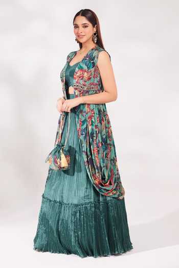 Shop Chaashni By Maansi And Ketan Green Chiffon Mirrors, Sequins, Beads, Embroidery Lotus Print Shrug Skirt Set Online at Aza Fashions Shop_Chaashni By Maansi And Ketan_Green Chiffon Mirrors, Sequins, Beads, Embroidery Lotus Print Shrug Skirt Set _Online_at_Aza_Fashions