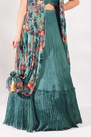 Chaashni By Maansi And Ketan Green Chiffon Mirrors, Sequins, Beads, Embroidery Lotus Print Shrug Skirt Set at Aza Fashions Chaashni By Maansi And Ketan_Green Chiffon Mirrors, Sequins, Beads, Embroidery Lotus Print Shrug Skirt Set _at_Aza_Fashions