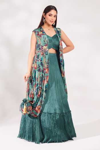 Buy Chaashni By Maansi And Ketan Green Chiffon Mirrors, Sequins, Beads, Embroidery Lotus Print Shrug Skirt Set Buy_Chaashni By Maansi And Ketan_Green Chiffon Mirrors, Sequins, Beads, Embroidery Lotus Print Shrug Skirt Set