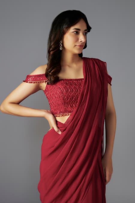 Maisolos_Red Georgette, Ramie Sequins, Pre-draped Saree With Embellished Off Blouse_Online_at_Aza_Fashions