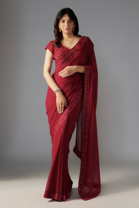 MAISOLOS Floral Sequin Embellished Saree Set 