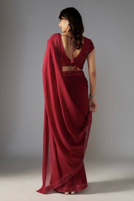 Shop Maisolos Red Georgette, Ramie Sequins, Beads V-neck Floral Embellished Saree Set at Aza Fashions Shop_Maisolos_Red Georgette, Ramie Sequins, Beads V-neck Floral Embellished Saree Set_at_Aza_Fashions