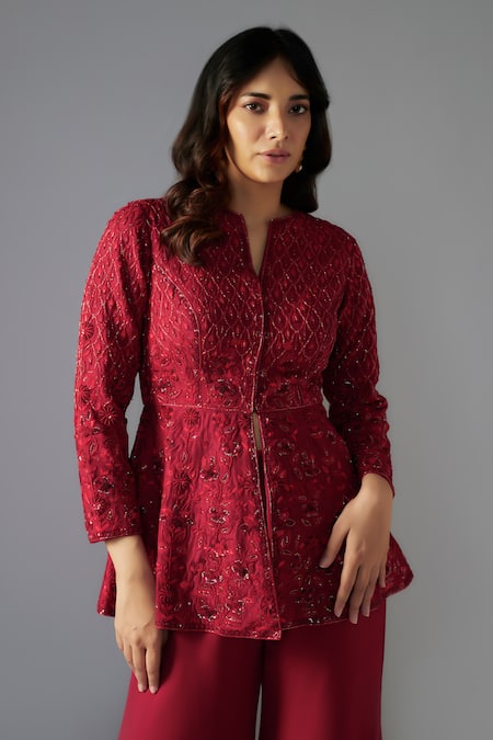 Maisolos_Red Georgette, Ramie Sequins, Floral Jaal Embellished Peplum Jacket With Sharara_Online_at_Aza_Fashions