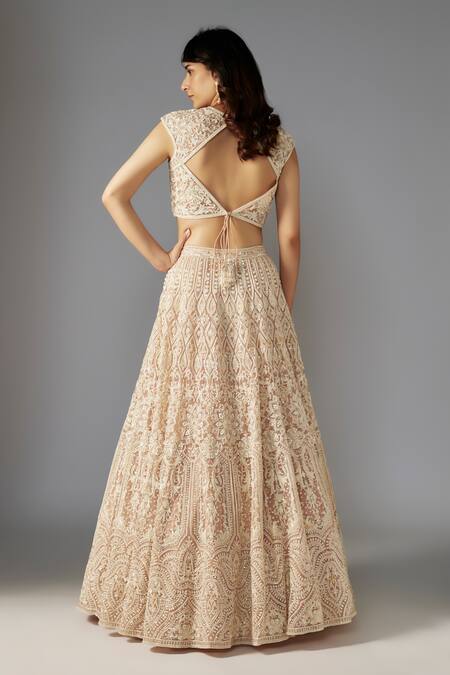 Shop Maisolos Beige Net Sequins, Beads Sweetheart Neck Floral Embellished Bridal Lehenga Set at Aza Fashions Shop_Maisolos_Beige Net Sequins, Beads Sweetheart Neck Floral Embellished Bridal Lehenga Set_at_Aza_Fashions