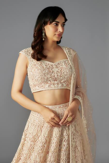 Maisolos Beige Net Sequins, Beads Sweetheart Neck Floral Embellished Bridal Lehenga Set Online at Aza Fashions Maisolos_Beige Net Sequins, Beads Sweetheart Neck Floral Embellished Bridal Lehenga Set_Online_at_Aza_Fashions