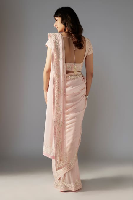 Shop Maisolos Pink Georgette Sequins, Beads Square Neck Embellished Saree Set at Aza Fashions Shop_Maisolos_Pink Georgette Sequins, Beads Square Neck Embellished Saree Set_at_Aza_Fashions