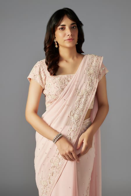 Maisolos Pink Georgette Sequins, Beads Square Neck Embellished Saree Set Online at Aza Fashions Maisolos_Pink Georgette Sequins, Beads Square Neck Embellished Saree Set_Online_at_Aza_Fashions