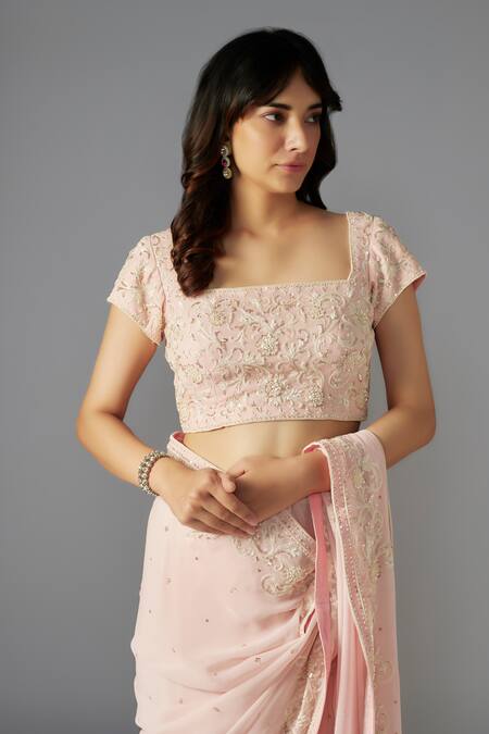 Buy Maisolos Pink Georgette Sequins, Beads Square Neck Embellished Saree Set Online at Aza Fashions Buy_Maisolos_Pink Georgette Sequins, Beads Square Neck Embellished Saree Set_Online_at_Aza_Fashions