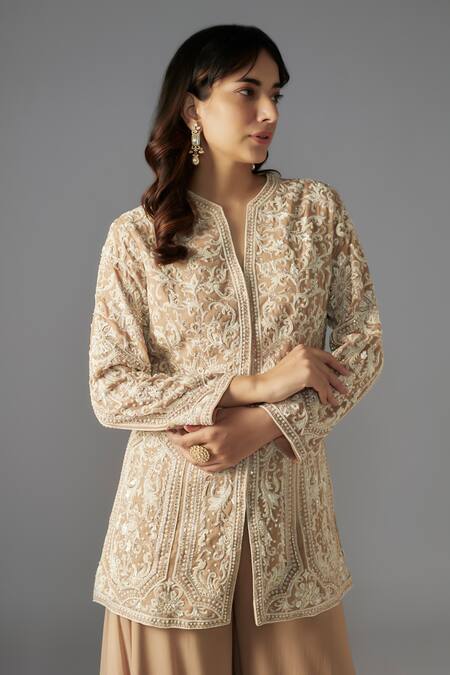 Maisolos_Beige Georgette Collared Bead Embellished Floral Swirl Jacket With Sharara_Online_at_Aza_Fashions