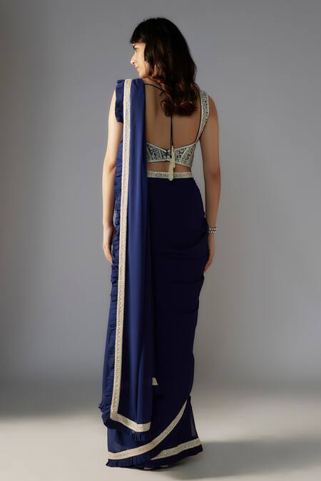 Shop Maisolos Blue Georgette, Ramie Sequins, Floral Jaal Embellished Border Saree With Blouse at Aza Fashions Shop_Maisolos_Blue Georgette, Ramie Sequins, Floral Jaal Embellished Border Saree With Blouse_at_Aza_Fashions