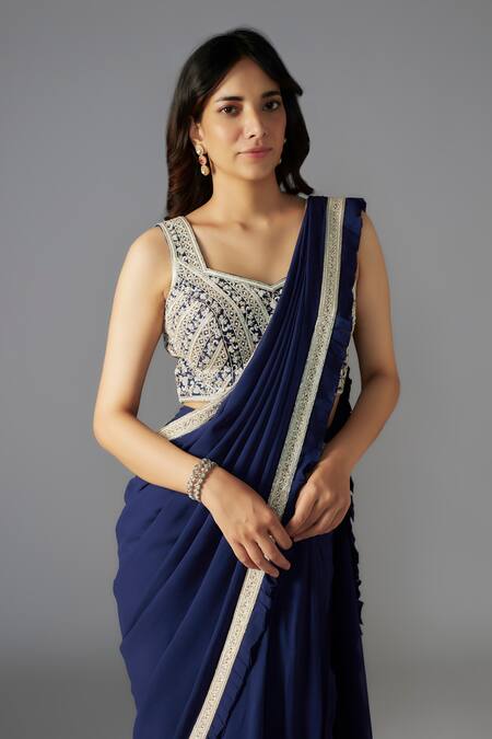 Maisolos Blue Georgette, Ramie Sequins, Floral Jaal Embellished Border Saree With Blouse Online at Aza Fashions Maisolos_Blue Georgette, Ramie Sequins, Floral Jaal Embellished Border Saree With Blouse_Online_at_Aza_Fashions