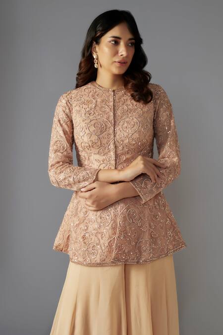 Maisolos_Beige Net, Georgette Sequins Victorian Swirl Embellished Jacket With Sharara_Online_at_Aza_Fashions