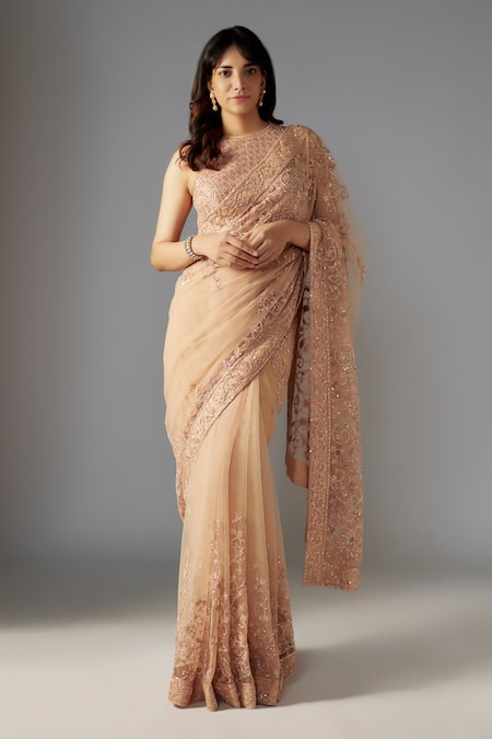 MAISOLOS Beige Net Embellished Bead Round Floral Swirl Saree Set 