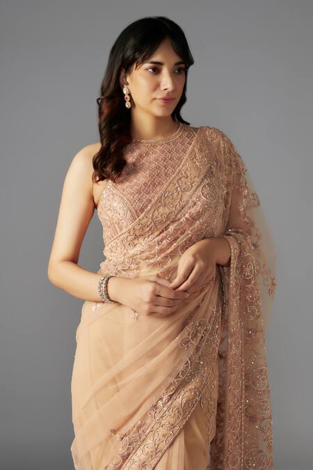 Maisolos Beige Net Sequins, Beads, Embroidery Round Floral Swirl Embellished Saree Set Online at Aza Fashions Maisolos_Beige Net Sequins, Beads, Embroidery Round Floral Swirl Embellished Saree Set_Online_at_Aza_Fashions