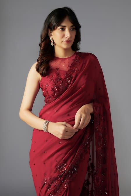 Maisolos_Maroon Georgette Sequins, Beads Round Floral Jaal Embellished Saree With Blouse_Online_at_Aza_Fashions