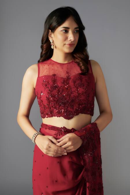 Buy_Maisolos_Maroon Georgette Sequins, Beads Round Floral Jaal Embellished Saree With Blouse_Online_at_Aza_Fashions