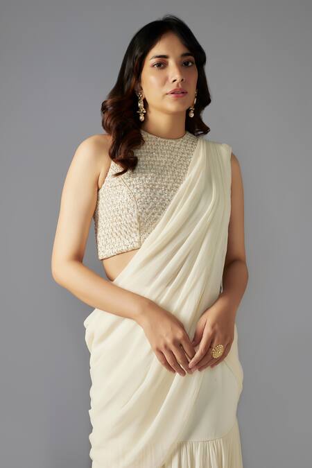 Maisolos_Ivory Ramie, Georgette Solid Pre-draped Tiered Saree With Embellished Blouse_Online_at_Aza_Fashions