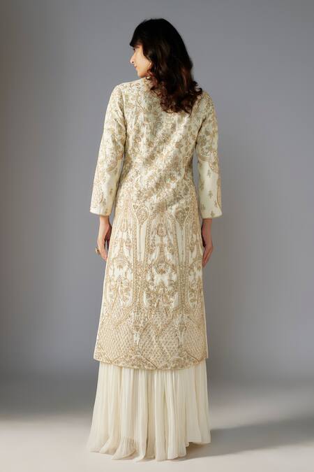 Shop Maisolos Ivory Ramie, Georgette Sequins, Floral Swirl Embellished Long Jacket With Skirt at Aza Fashions Shop_Maisolos_Ivory Ramie, Georgette Sequins, Floral Swirl Embellished Long Jacket With Skirt_at_Aza_Fashions