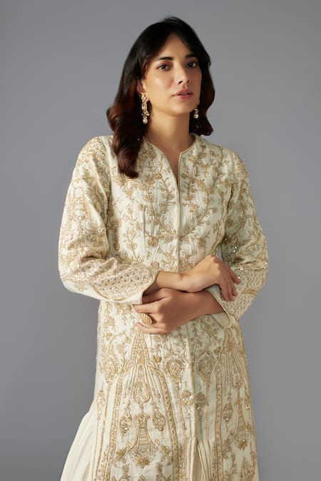 Maisolos Ivory Ramie, Georgette Sequins, Floral Swirl Embellished Long Jacket With Skirt Online at Aza Fashions Maisolos_Ivory Ramie, Georgette Sequins, Floral Swirl Embellished Long Jacket With Skirt_Online_at_Aza_Fashions