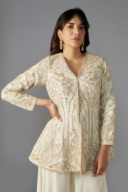 Maisolos Ivory Ramie, Georgette Sequins, Floral Embellished Peplum Jacket With Sharara Online at Aza Fashions Maisolos_Ivory Ramie, Georgette Sequins, Floral Embellished Peplum Jacket With Sharara_Online_at_Aza_Fashions