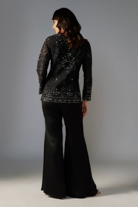 Shop Maisolos Black Net, Modal, Satin Sequins, Beads Foliage Embellished Jacket And Sharara at Aza Fashions Shop_Maisolos_Black Net, Modal, Satin Sequins, Beads Foliage Embellished Jacket And Sharara _at_Aza_Fashions