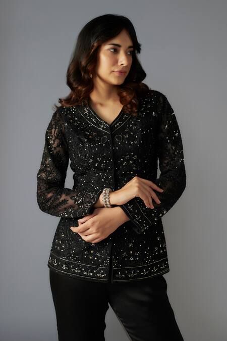 Maisolos Black Net, Modal, Satin Sequins, Beads Foliage Embellished Jacket And Sharara Online at Aza Fashions Maisolos_Black Net, Modal, Satin Sequins, Beads Foliage Embellished Jacket And Sharara _Online_at_Aza_Fashions
