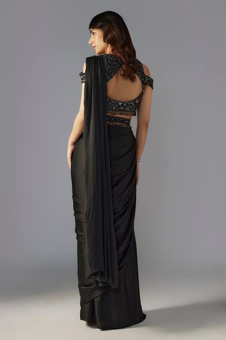 Shop Maisolos Black Net, Modal, Satin Pre-draped Saree With Geometric Embellished Off Blouse at Aza Fashions Shop_Maisolos_Black Net, Modal, Satin Pre-draped Saree With Geometric Embellished Off Blouse _at_Aza_Fashions