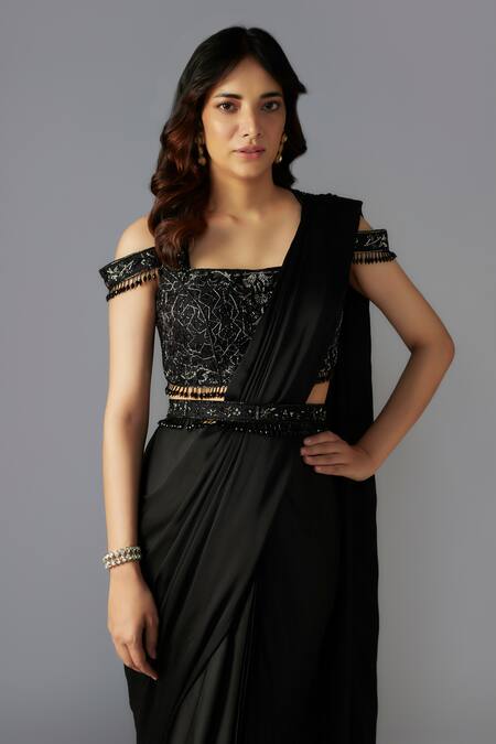Maisolos Black Net, Modal, Satin Pre-draped Saree With Geometric Embellished Off Blouse Online at Aza Fashions Maisolos_Black Net, Modal, Satin Pre-draped Saree With Geometric Embellished Off Blouse _Online_at_Aza_Fashions