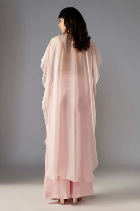 Shop_Maisolos_Pink Net, Crepe, Satin Sequins, Beads, Floral Embellished Cape Sharara Set _at_Aza_Fashions