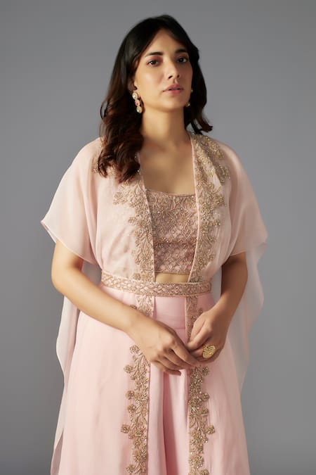 Maisolos_Pink Net, Crepe, Satin Sequins, Beads, Floral Embellished Cape Sharara Set _Online_at_Aza_Fashions