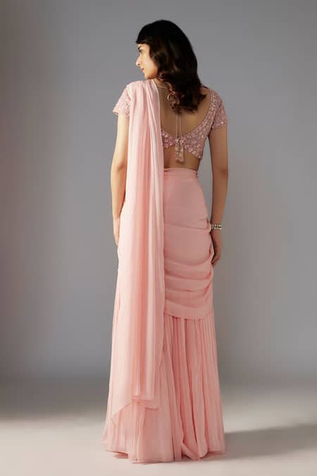 Shop Maisolos Pink Net, Georgette Solid Pre-draped Sharara Saree With Embellished Blouse at Aza Fashions Shop_Maisolos_Pink Net, Georgette Solid Pre-draped Sharara Saree With Embellished Blouse _at_Aza_Fashions