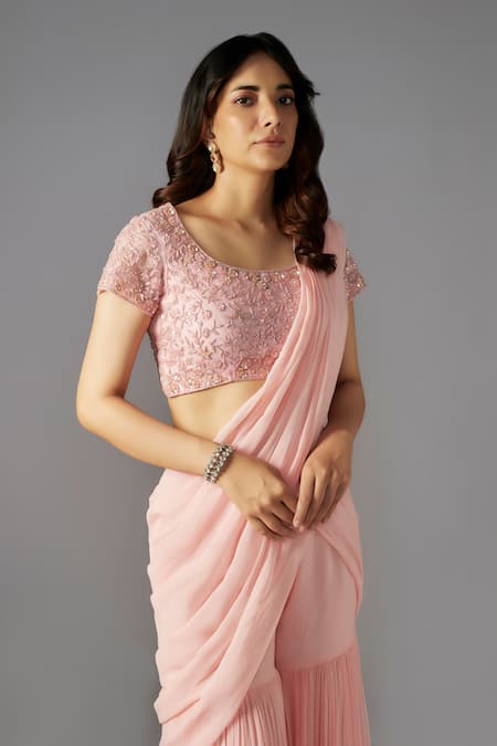 Maisolos Pink Net, Georgette Solid Pre-draped Sharara Saree With Embellished Blouse Online at Aza Fashions Maisolos_Pink Net, Georgette Solid Pre-draped Sharara Saree With Embellished Blouse _Online_at_Aza_Fashions