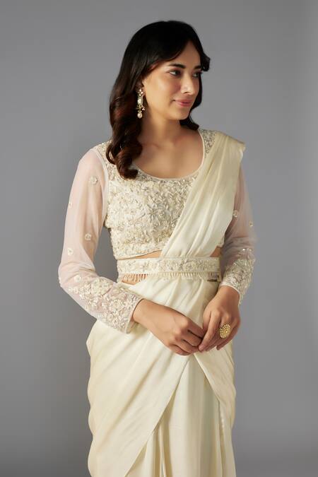 Maisolos Ivory Georgette, Ramie, Silk Solid Pre-draped Saree Embellished Blouse Set Online at Aza Fashions Maisolos_Ivory Georgette, Ramie, Silk Solid Pre-draped Saree Embellished Blouse Set_Online_at_Aza_Fashions