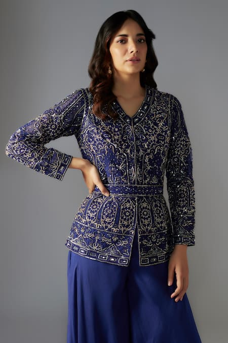Shop Maisolos Blue Net, Chiffon Sequins, Beads Floral Vine Embellished Jacket Sharara Set at Aza Fashions Shop_Maisolos_Blue Net, Chiffon Sequins, Beads Floral Vine Embellished Jacket Sharara Set _at_Aza_Fashions
