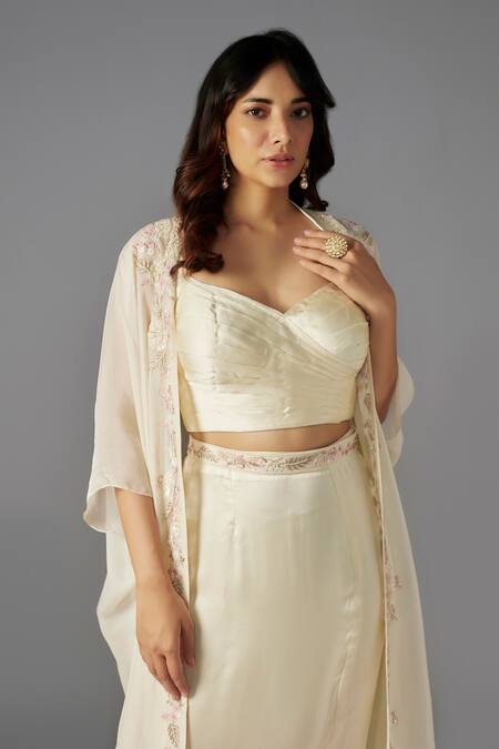 Maisolos Ivory Modal, Satin Sequins, Beads Sweetheart Embellished Cape Slit Skirt Set Online at Aza Fashions Maisolos_Ivory Modal, Satin Sequins, Beads Sweetheart Embellished Cape Slit Skirt Set_Online_at_Aza_Fashions