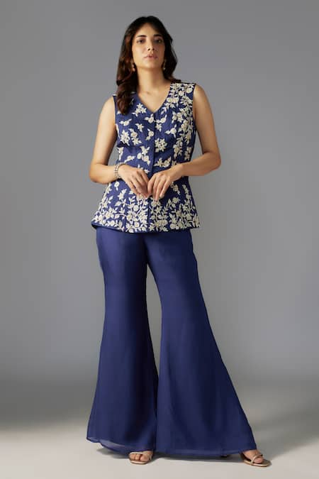 MAISOLOS Blue Flat Chiffon Embellished Bead V-neck Floral Vine Jacket With Sharara 