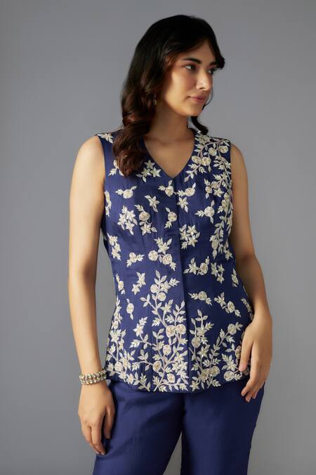 Maisolos Blue Chiffon Sequins, Beads V-neck Floral Vine Embellished Jacket With Sharara Online at Aza Fashions Maisolos_Blue Chiffon Sequins, Beads V-neck Floral Vine Embellished Jacket With Sharara _Online_at_Aza_Fashions