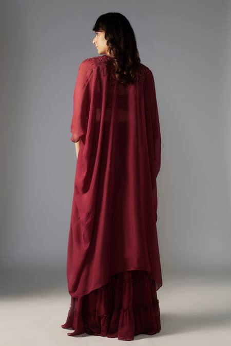Shop Maisolos Maroon Ramie, Georgette Beads, Floral Embellished Cape Tiered Sharara Set at Aza Fashions Shop_Maisolos_Maroon Ramie, Georgette Beads, Floral Embellished Cape Tiered Sharara Set_at_Aza_Fashions