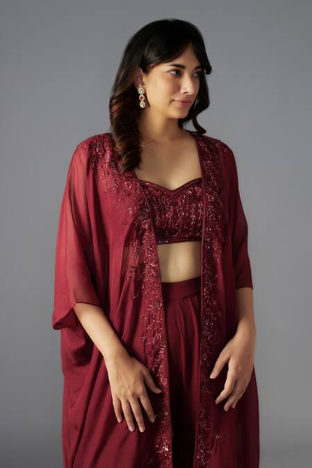 Maisolos Maroon Ramie, Georgette Beads, Floral Embellished Cape Tiered Sharara Set Online at Aza Fashions Maisolos_Maroon Ramie, Georgette Beads, Floral Embellished Cape Tiered Sharara Set_Online_at_Aza_Fashions