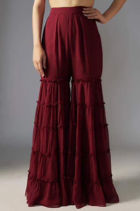 Buy Maisolos Maroon Ramie, Georgette Beads, Floral Embellished Cape Tiered Sharara Set Online at Aza Fashions Buy_Maisolos_Maroon Ramie, Georgette Beads, Floral Embellished Cape Tiered Sharara Set_Online_at_Aza_Fashions