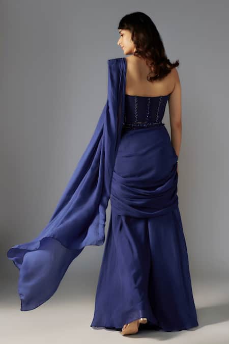 Shop Maisolos Blue Net, Chiffon Sequins, Solid Pre-draped Sharara Saree With Corset Blouse at Aza Fashions Shop_Maisolos_Blue Net, Chiffon Sequins, Solid Pre-draped Sharara Saree With Corset Blouse _at_Aza_Fashions