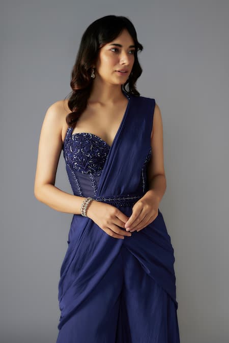 Maisolos Blue Net, Chiffon Sequins, Solid Pre-draped Sharara Saree With Corset Blouse Online at Aza Fashions Maisolos_Blue Net, Chiffon Sequins, Solid Pre-draped Sharara Saree With Corset Blouse _Online_at_Aza_Fashions